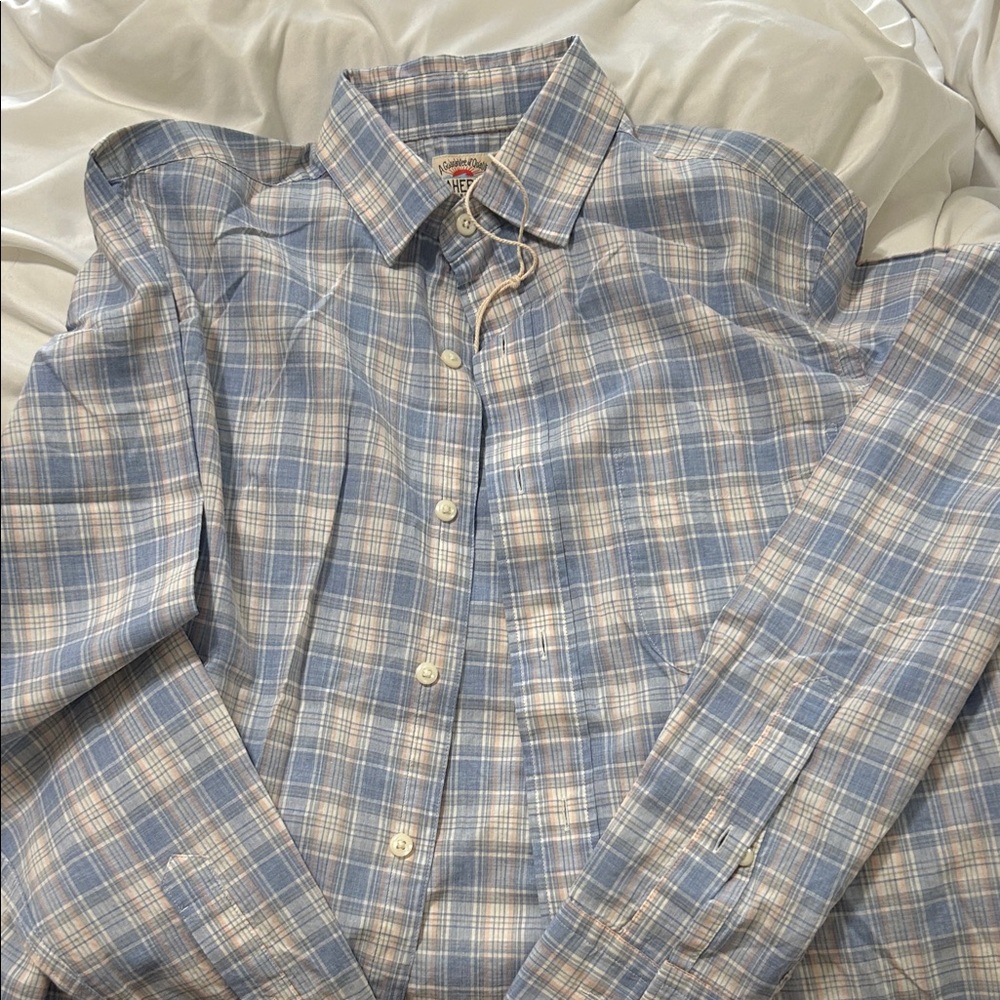 Faherty Light Blue and Cream Plaid Shirt New Without Tags